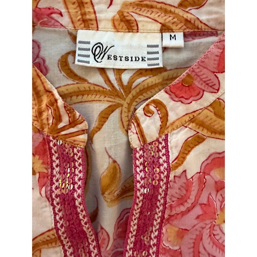 Westside Printed Cotton Tunic Shirt Womens Size M Floral Pink Sequin Lightweight - Picture 5 of 14